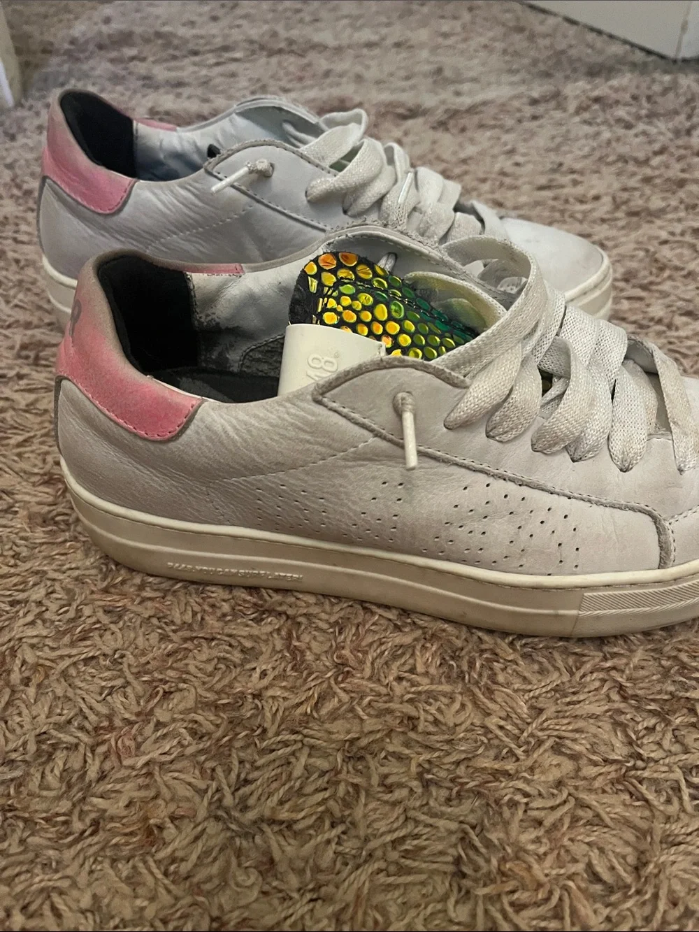 P448 White Leather Sneakers with Iridescent Green-Gold Tongue